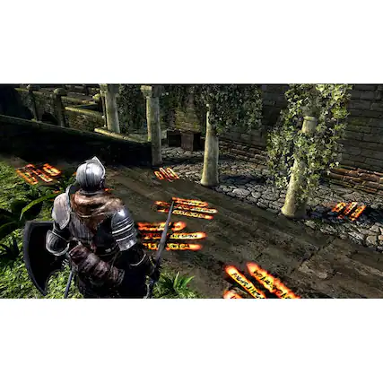 The image features a person wearing a helmet and holding a sword, standing in a dark and eerie environment. The person is surrounded by several fire-like objects, which could be torches or flames, scattered around the area. The scene appears to be a video game setting, possibly a medieval or fantasy-themed game. The person is positioned in the center of the image, with the fire-like objects surrounding them, creating an intense and dramatic atmosphere. - M (Mature 17+)