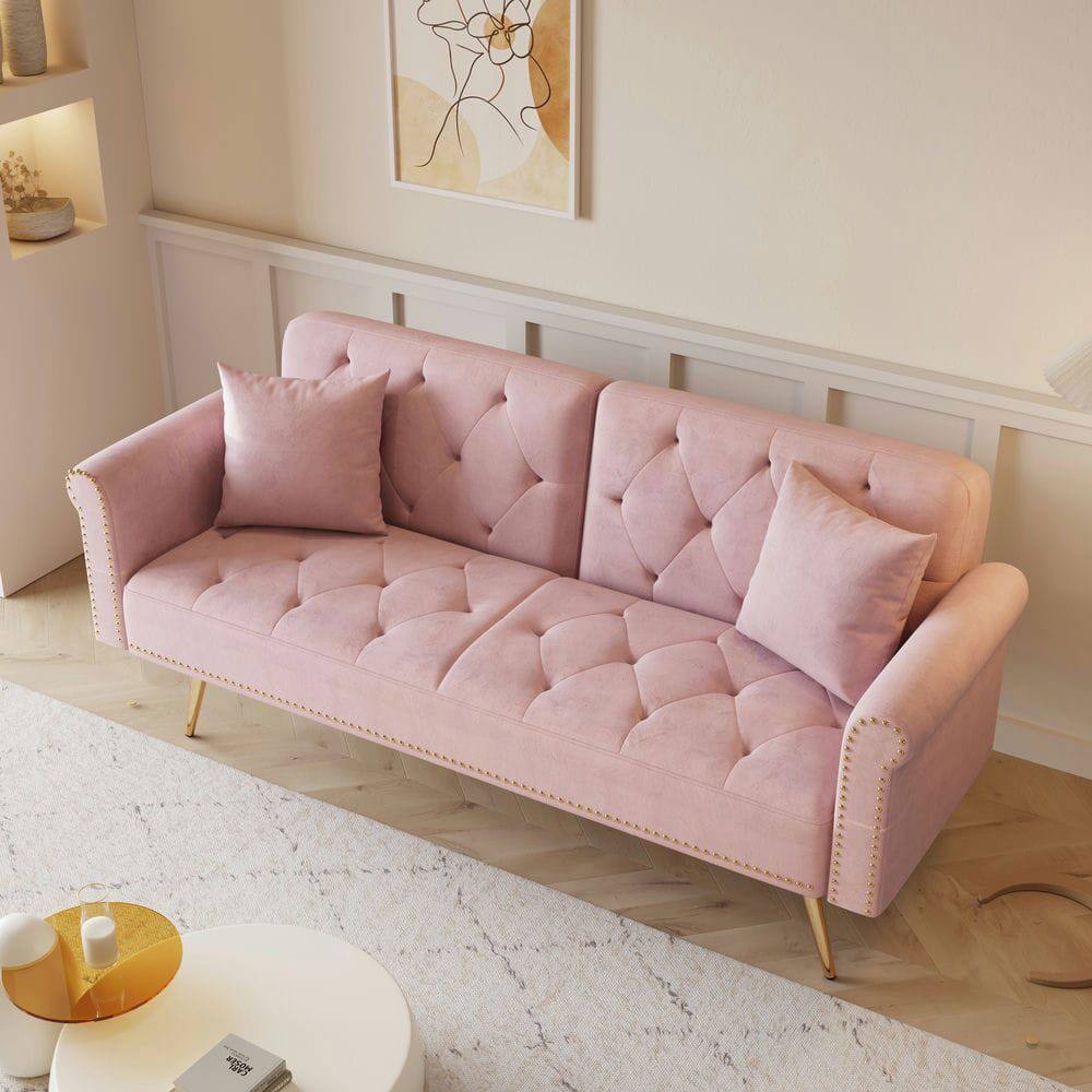 Alt View 2. Kadyn - 69.7" Velvet Sofa Bed with Nail Head Trim & Matching Throw Pillow - Pink.