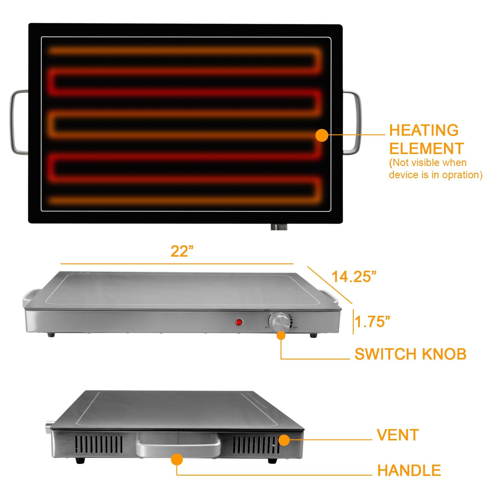 HEATING ELEMENT (Not visible when device is in operation) 22" 14.25" 1.75" SWITCH KNOB VENT HANDLE