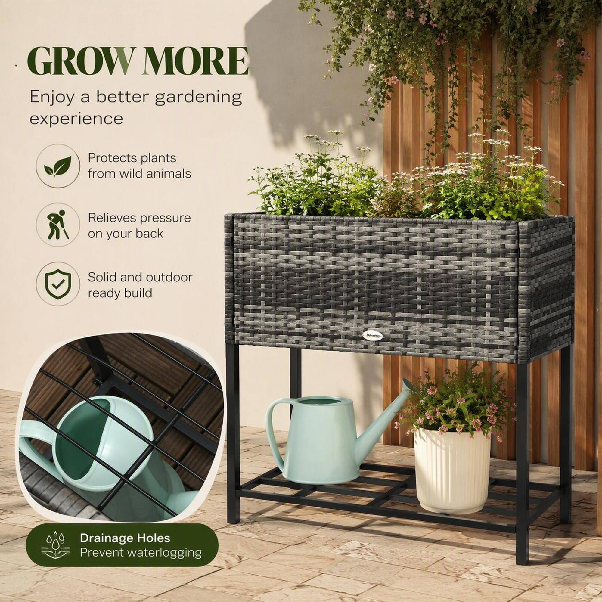 GROW MORE  
Enjoy a better gardening experience

- Protects plants from wild animals
- Relieves pressure on your back
- Solid and outdoor ready build

Drainage Holes  
Prevent waterlogging