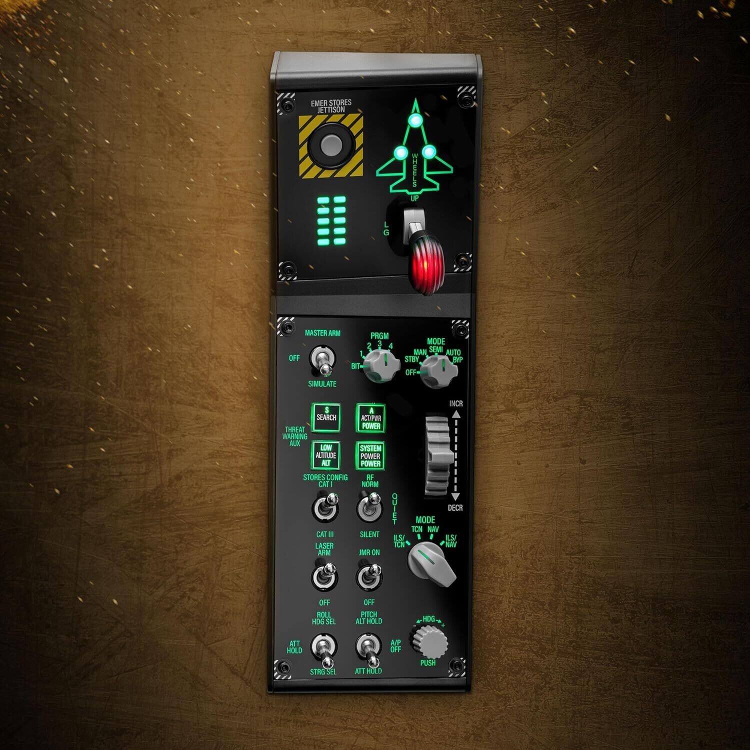 EMER STORES JETTISON

MASTER ARM OFF

SIMULATE PRGM 2 1 - 1

MODE MANL

NUTO STBY SP T10 S A SEANCH ACT/PUR THREAT POWER WRANING AUIK LOW SYSTEM ALTTUDE POWER ALI POWER STORES CONFIG R CAT NORM INCR 1 - CAT I LASER ARM SILENT JMR ON DECR MODE TC NAV M I , S TCN V OFF ROLL HDE SEL OFF PISCH ALT HOLD ATT HOLD STRS sEL AIP TR0 AT HOLD PUSA

PRGM 3 4

MODE AUTO

STBY SEMI AUTO

INCR

DECR

SEARCH

ACT POWER

THREAT WARNING

ALTITUDE ALT

SYSTEM POWER

STORES CONFIG

CAT I

CAT II

LASER ARM

SILENT

JMR

OFF

ROLL HOG SEL

PITCH ALT HOLD

ATT HOLD

STRGSEL

ATT HOLD

HDE

ILS/TCN

NAV

PUSH