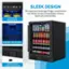 The image showcases a sophisticated beverage refrigerator with a sleek design. This fridge is easy to use and features a display panel. The fridge is spacious and can accommodate various sizes of cans and bottles. It also has blue soft LED lighting, which adds to its aesthetic appeal. The fridge is equipped with safety features such as a lock and front ventilation. The image highlights the fridge's versatility and functionality, making it an attractive choice for any home or office setting.