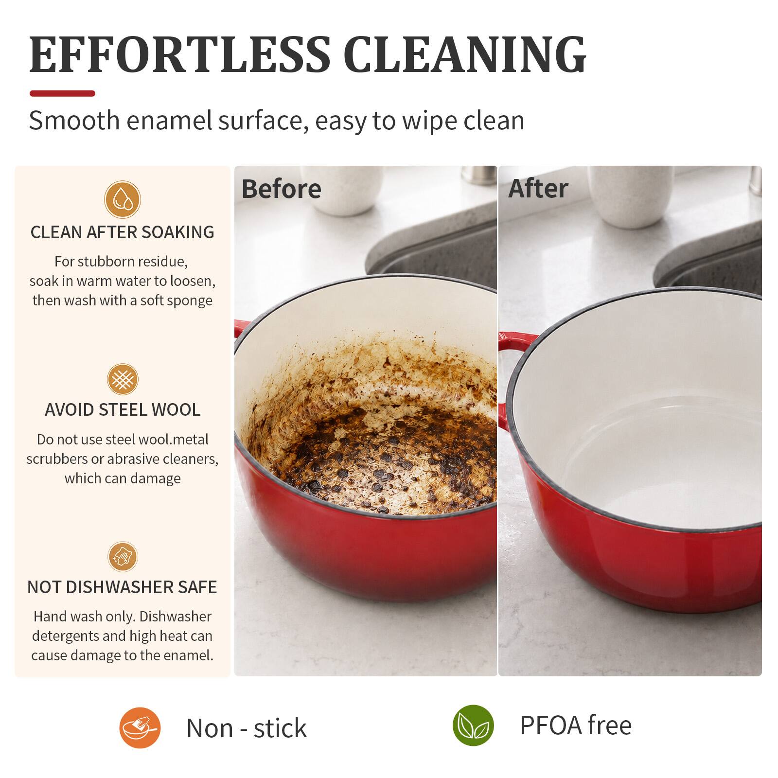 EFFORTLESS CLEANING

Smooth enamel surface, easy to wipe clean

Before After

CLEAN AFTER SOAKING
For stubborn residue, soak in warm water to loosen, then wash with a soft sponge

AVOID STEEL WOOL
Do not use steel wool, metal scrubbers or abrasive cleaners, which can damage

NOT DISHWASHER SAFE
Hand wash only. Dishwasher detergents and high heat can cause damage to the enamel.

Non-stick
PFOA free