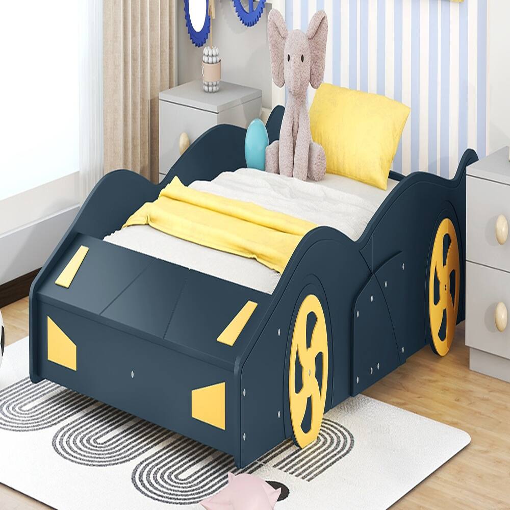 Alt View 3. Loheer - Loheer Full Size Race Car Bed with Storage Wheels Dark Blue - Dark Blue+Yellow.
