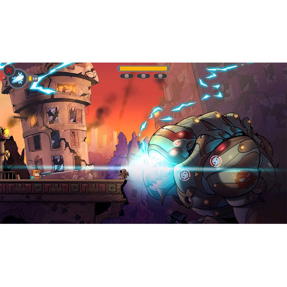 The image depicts a video game scene with a robot character and a giant robot. The robot character is shooting a laser beam at the giant robot, which is in the process of being destroyed. The scene takes place in a city setting, with buildings in the background. The robot character is positioned on the left side of the image, while the giant robot is on the right side. The laser beam is visible between the two characters, indicating the ongoing action in the game.