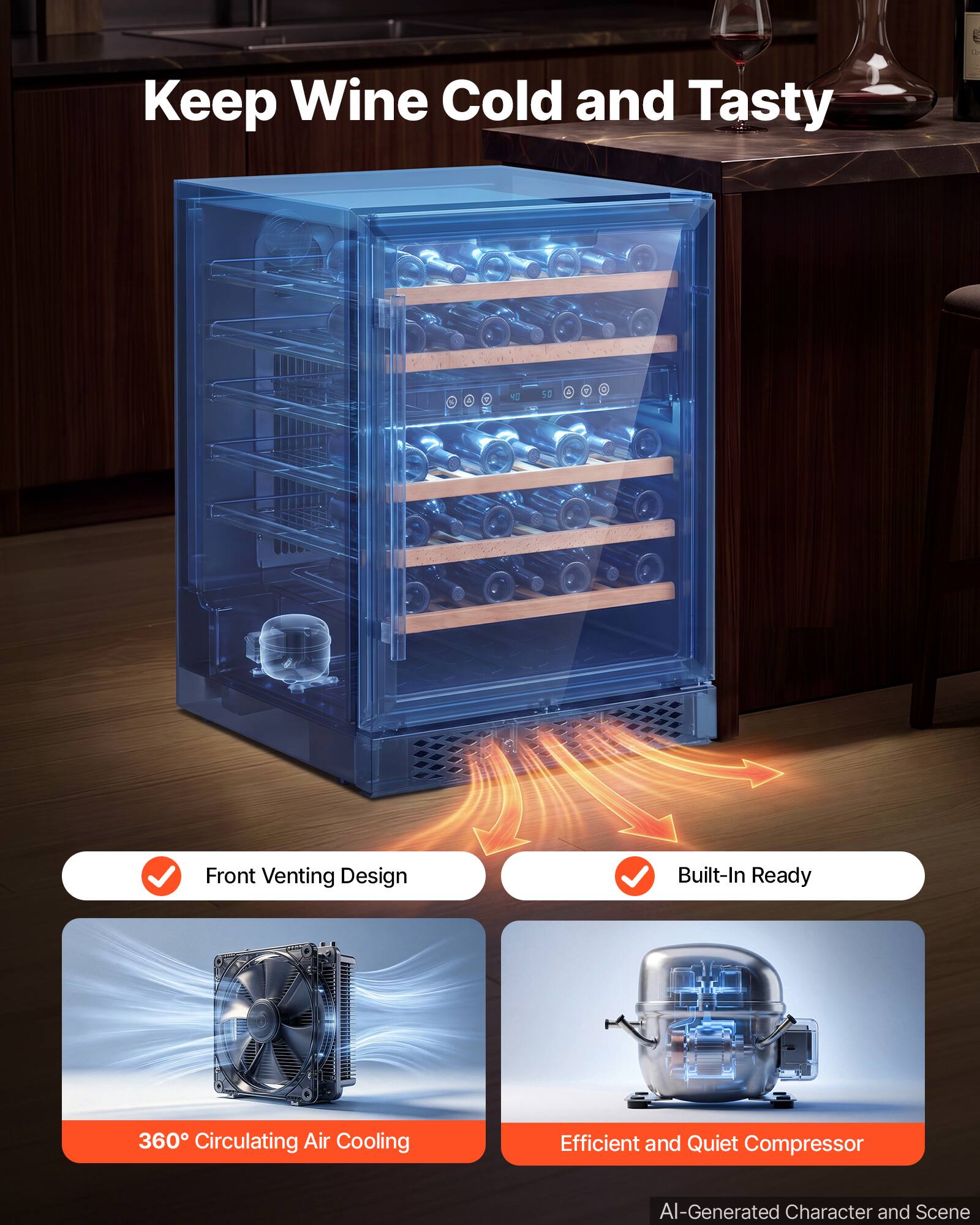 Keep Wine Cold and Tasty

- Front Venting Design
- Built-In Ready
- 360° Circulating Air Cooling
- Efficient and Quiet Compressor

AI-Generated Character and Scene