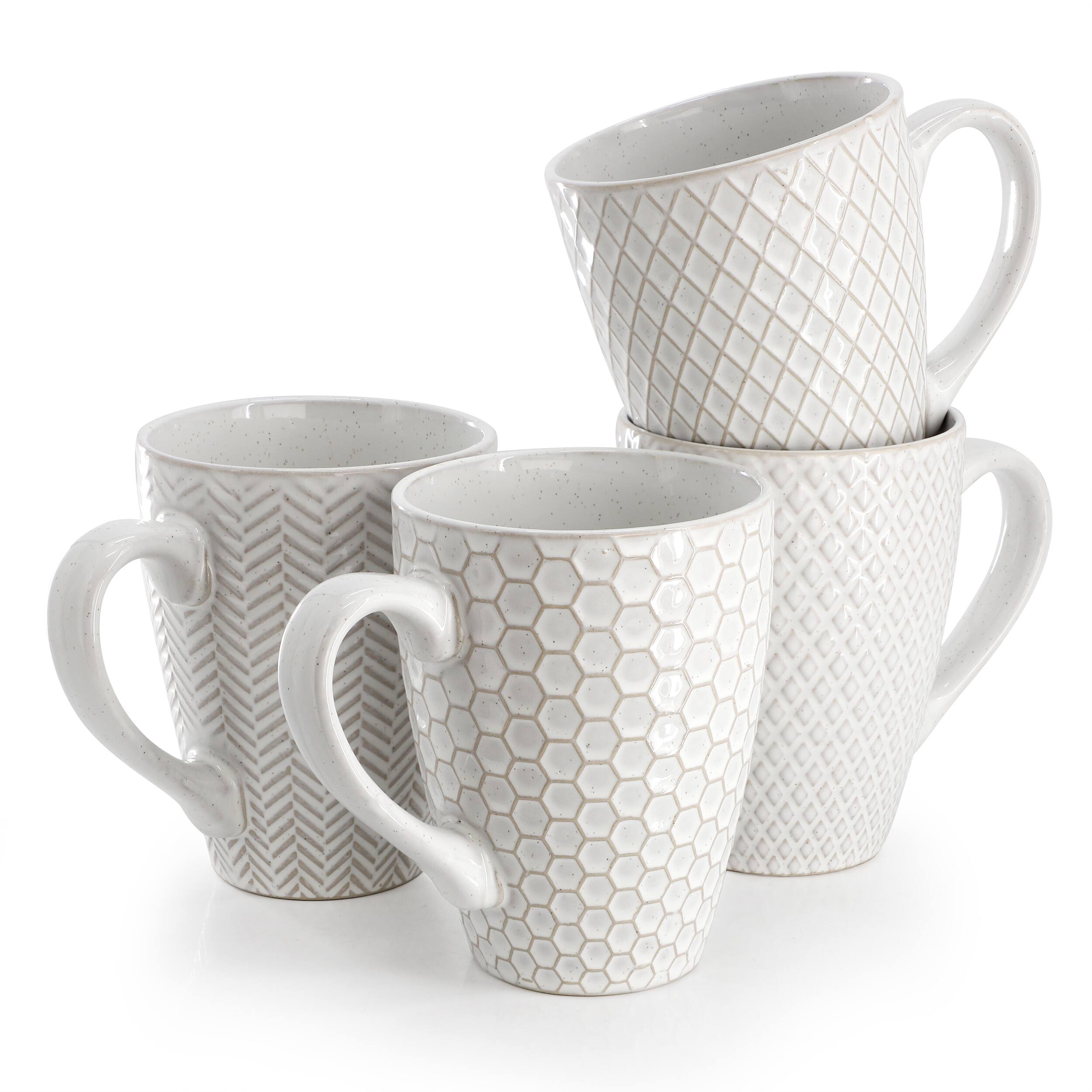 Alt View 1. Gibson - Gibson Elite Earlhart 4 Piece 16 Ounce Stoneware Assorted Pattern Mug Set in White - White.