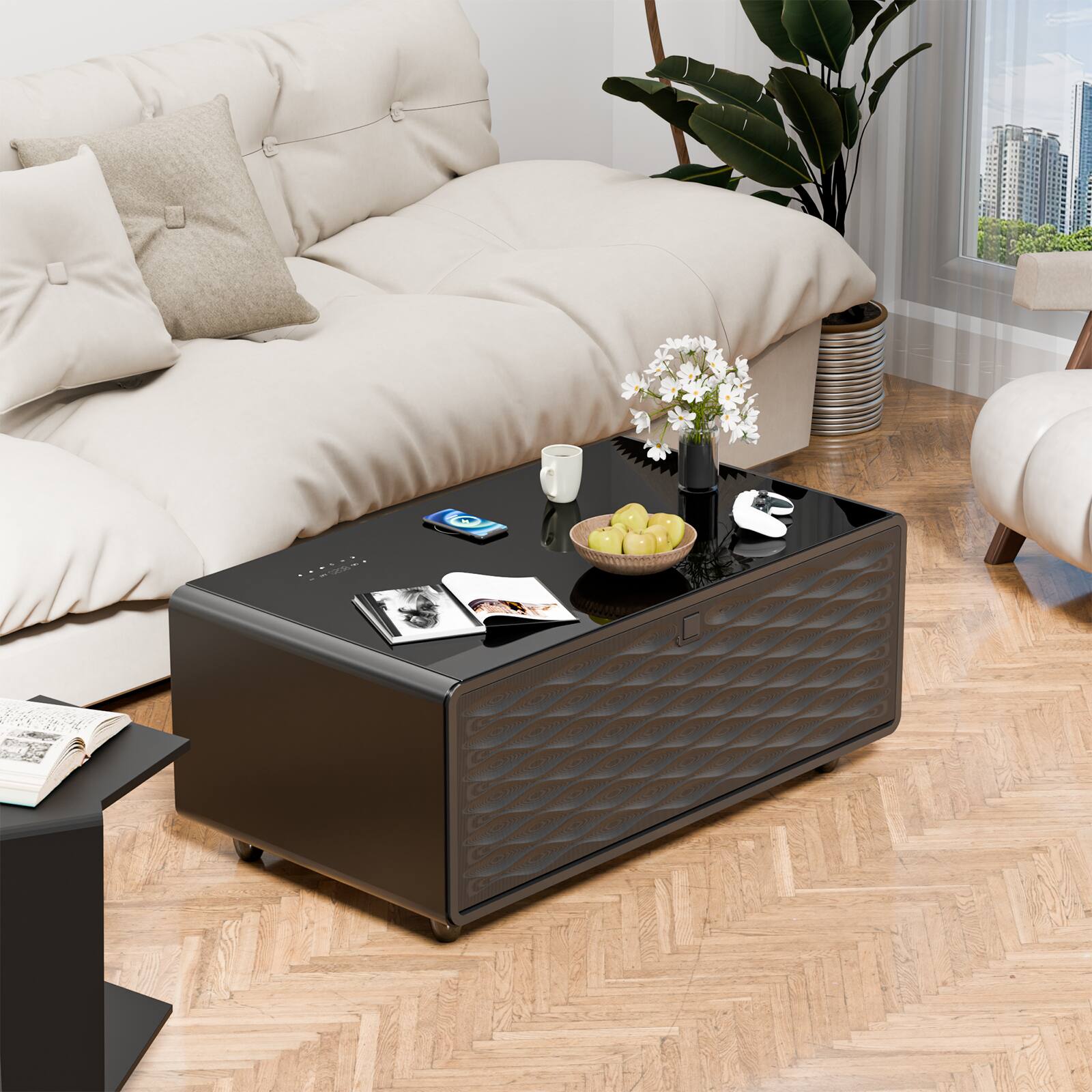 Front. TinyHomie - Modern Smart Coffee Table Built In Fridge Freezer Bluetooth Wireless Charging Black - Black.