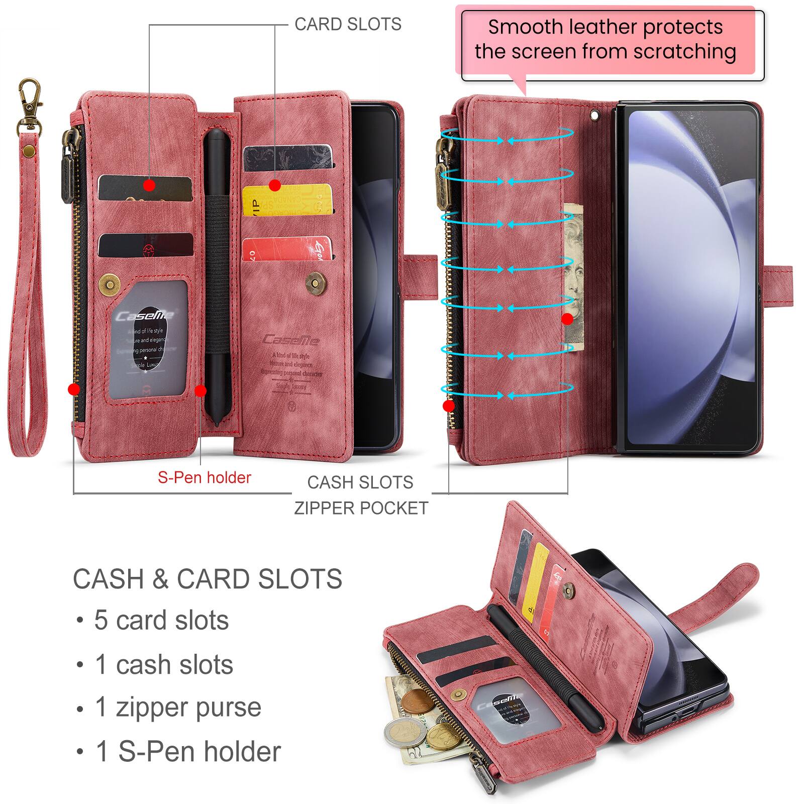 CARD SLOTS  
Smooth leather protects the screen from scratching  

Caseh n d wt - ud age peroa n CO 2  

Caselle  

d a  

I dpic Egaodng - dads S  

S-Pen holder  

CASH SLOTS  

ZIPPER POCKET  

CASH & CARD SLOTS  
5 card slots  
1 cash slots  
1 zipper purse  
1 S-Pen holder