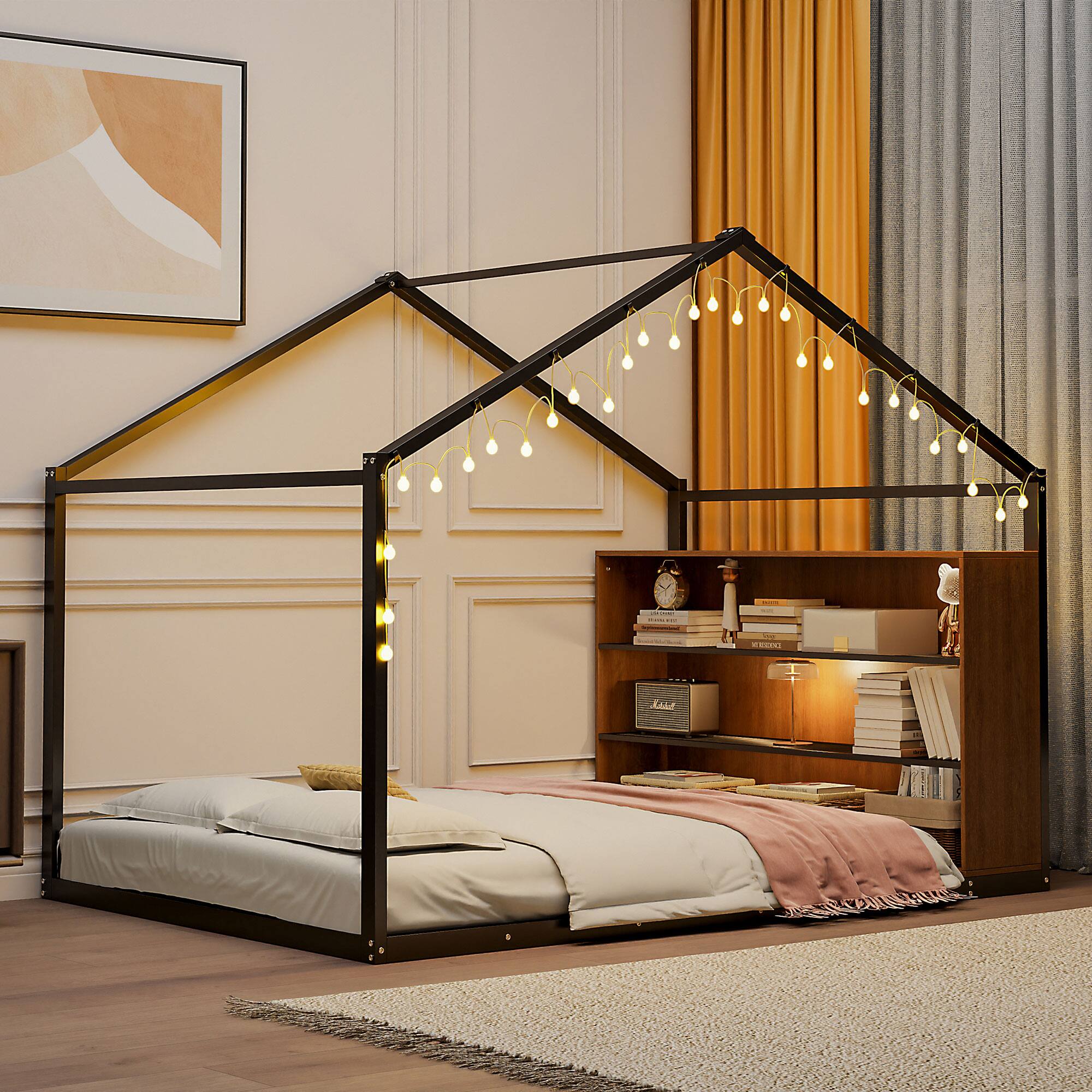 Angle. GOODSILO - Full Size Metal House Bed Frame with Shelves and Lights - Black.
