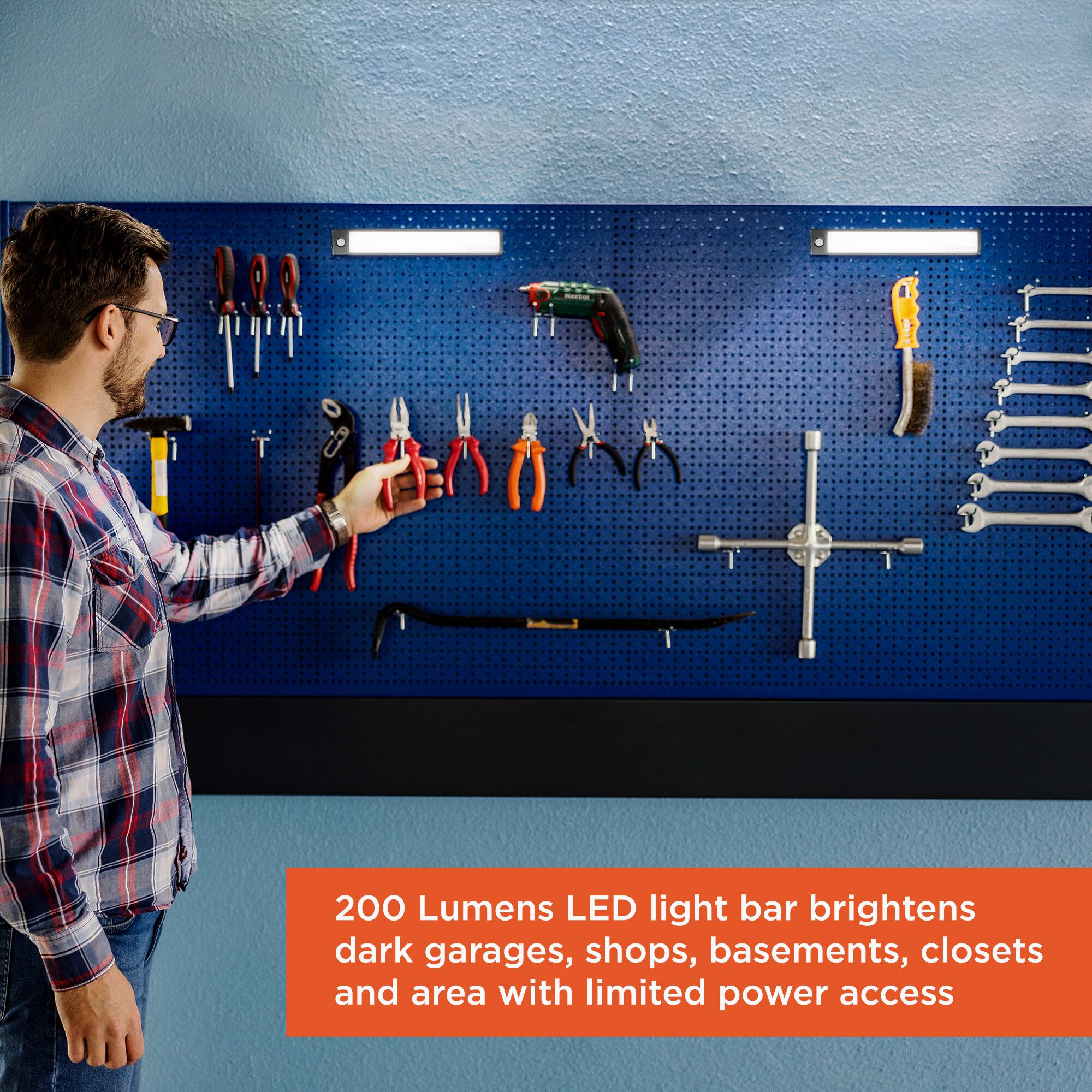 200 Lumens LED light bar brightens dark garages, shops, basements, closets and areas with limited power access