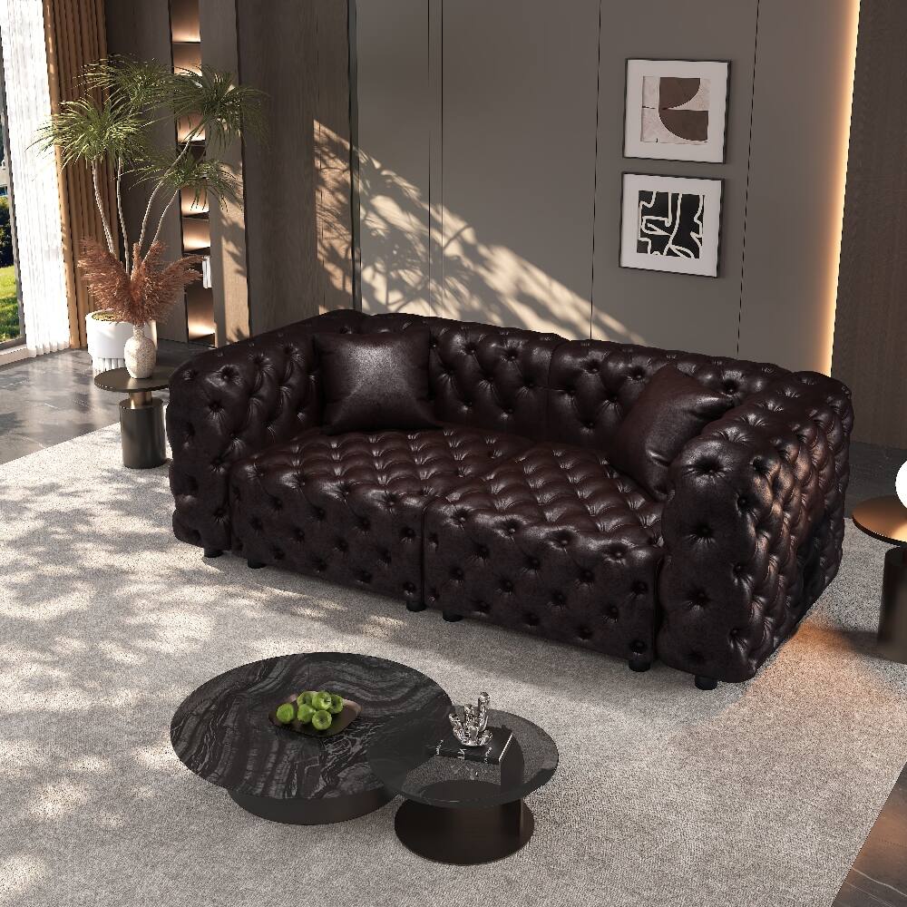 Angle. Loheer - Loheer 77 Inch Modern Sofa Set Faux Leather Modular 2-Seater Sectional Couch Button Tufted Dark Brown - Dark Brown.