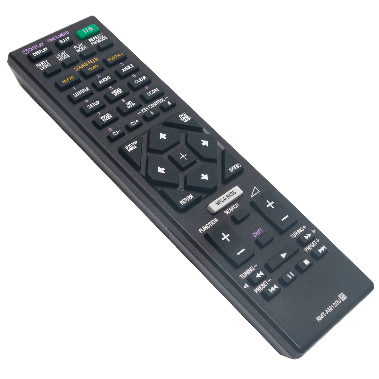 MENU  
TIMER  
SLEEP  
REPEAT  
FM MODE  
DISPLAY  
PLAY  
LIGHT MODE  
FOOTBALL  
PARTY  
FIELD  
SOUND FIELD  
VIDEO  
ANGLE  
MUSIC  
AUDIO  
CLEAR  
SUBTITLE  
SCORE  
SETUP  
MIC  
ECHO  
CONTROL  
KEY  
PADES  
DVOTOP  
TOP  
OPTIONS  
MEGABASS  
BASS  
RETURN  
SEARCH  
FUNCTION  
SHIFT  
TUNING+  
PRESET+  
TUNING-  
PRESET-  
RMT-AM120U