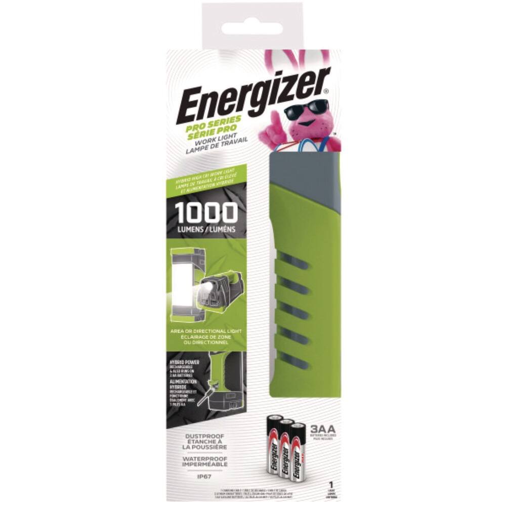 Energizer  
PRO SERIES  
PRO WORK LIGHT  
LAMPE DE TRAVAIL  

1000 LUMENS / LUMENS  

AREA OR DIRECTIONAL LIGHT  
ECLAIRAGE DE ZONE QU'IL DIRIGE  

HIGH POWER  
ALIMENTATION  

DUSTPROOF  
TANCIER À LA POUSSIÈRE  
WATERPROOF  
IMPERMÉABLE  
IP67  

3AA  
Energizer  

Energizer  
Energizer  
Energizer