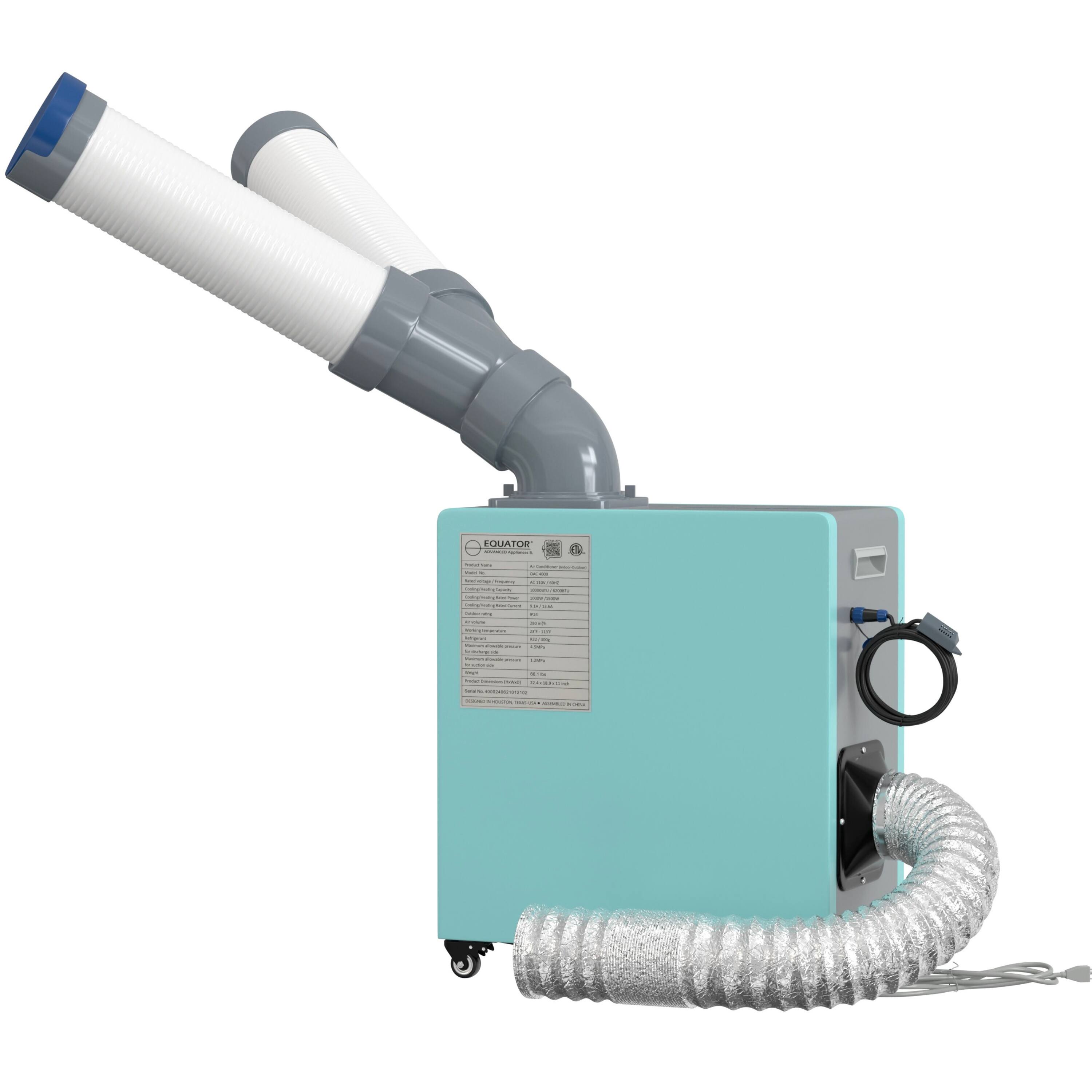 Left. Equator - Equator 10000 BTU 3-in-1 Outdoor/Indoor HEATER, AIR CONDITIONER, FAN, Remote & Hot Air Exhaust 1000 sq ft 110V - Turquoise Blue & Silver.
