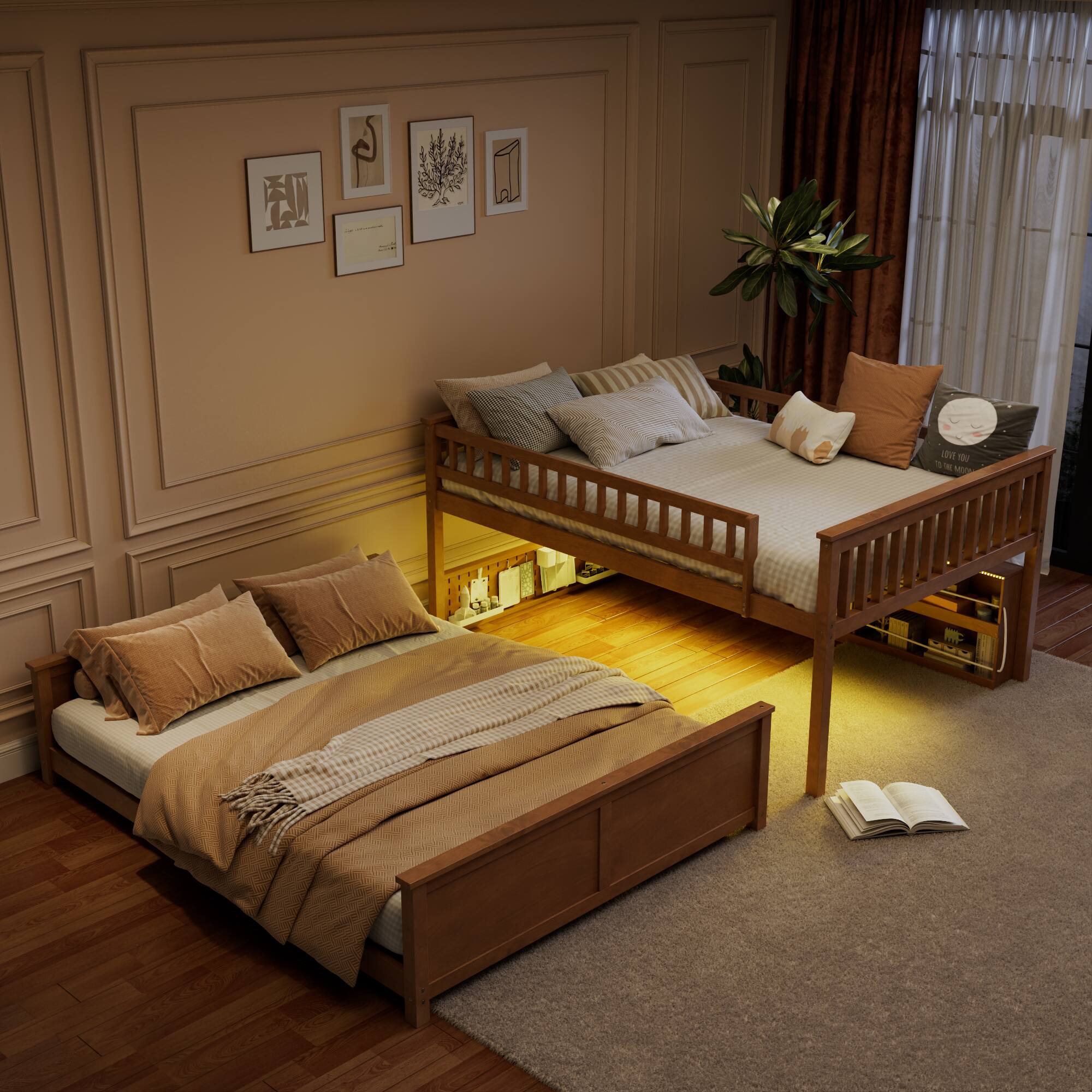 Back. Anysun - Full XL over Queen Bunk Bed with Integrated Shelving, Color-Changing Lights and Pegboard - Brown.
