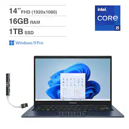 ASUS - Vivobook 14 Laptop 14.0 FHD (Intel i5-1334U, 16GB DDR4, 1TB PCIe SSD, Intel Iris Xe, Win 11 Pro) w/USB Hub - Quiet Blue