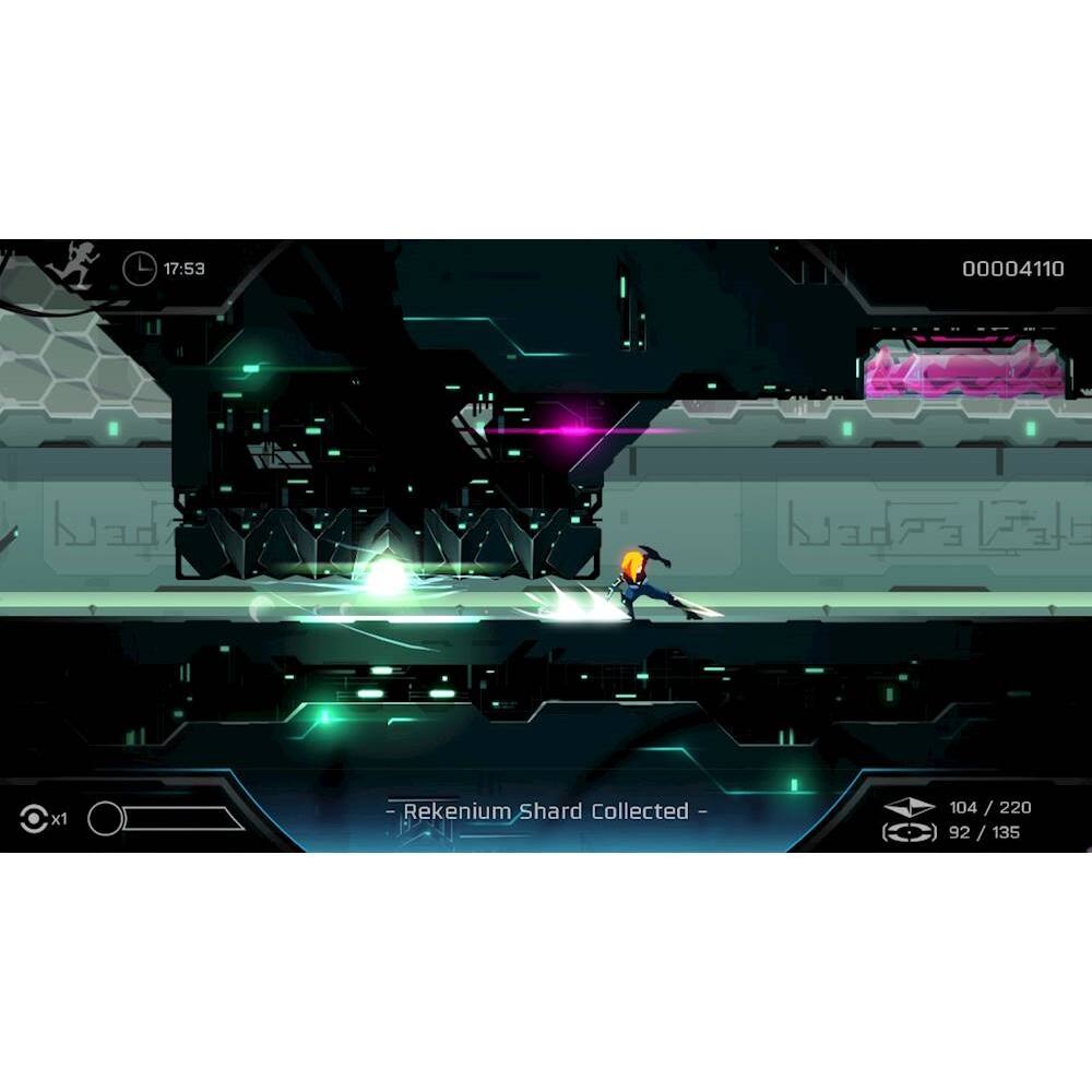The image shows a person playing a video game, likely a skateboarding game, as they are riding a skateboard. The game appears to be set in a futuristic environment, with a dark background and a wall nearby. The person is in motion, possibly performing a trick or maneuver. The game is being played on a Nintendo Wii console, as indicated by the presence of a Wii remote. The game is titled "Rekenium Shard Collected" and the player has collected 104/220 shards.