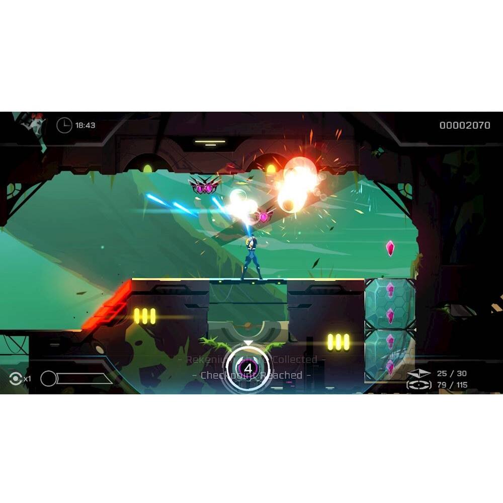 The image shows a video game with a character standing on a platform, surrounded by enemies. The character is holding a gun and is in the process of shooting at the enemies. The game is set in a dark environment, and the character is positioned in the center of the scene. The enemies are scattered around the character, with some close by and others further away. The game appears to be a fast-paced action game, with the character actively engaging in combat with the enemies.