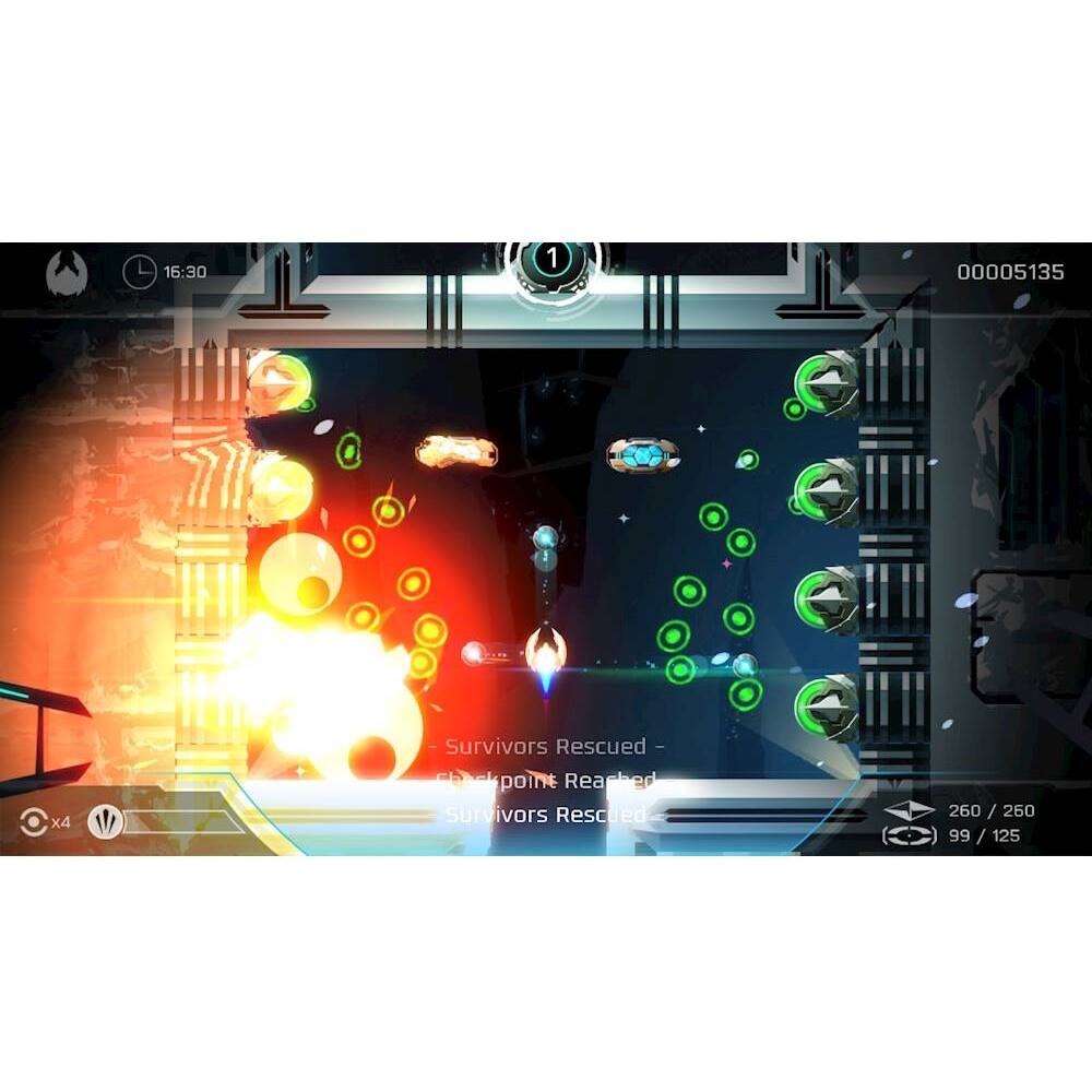 The image shows a video game with a spaceship flying through a tunnel. The game is called "Survivors Rescued" and features a checkpoint reached. The game has a total of 260 survivors that need to be rescued, and the player has already rescued 99 of them. The game is set in a futuristic environment with a red and blue color scheme.
