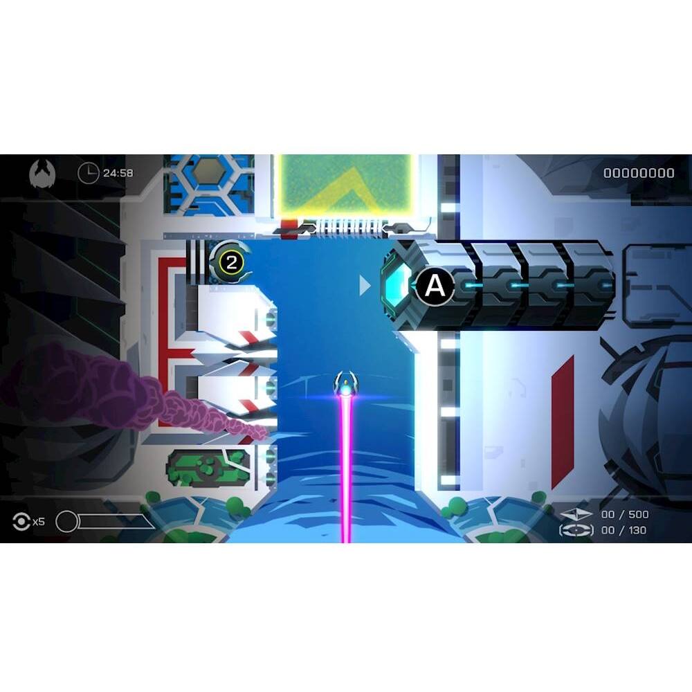 The image shows a video game with a spaceship flying through a tunnel. The spaceship is moving along a purple beam, and there are several objects in the scene, including a large cylinder and a few smaller cylinders. The game appears to be set in a futuristic environment. The image also features a timer at the top left corner, indicating the remaining time in the game.