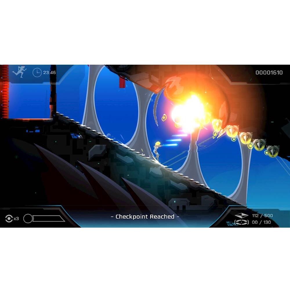 The image features a video game with a character riding a skateboard and going through a checkpoint. The game is set in a futuristic environment with a blue background. The character is skating on a ramp, and there are several other skateboards scattered around the scene. The game appears to be a racing game, with the skateboarder trying to reach the checkpoint as quickly as possible. The image also shows a timer, indicating that the game is time-based.