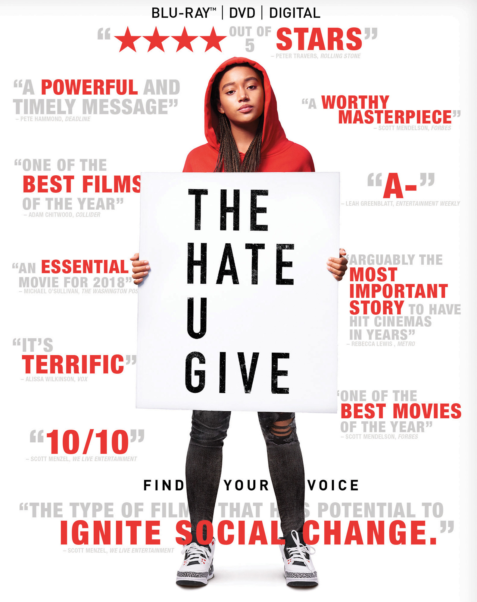 Cover Art-Starr stands with large sign saying "The Hate U Give", in front of positive critic reviews for story