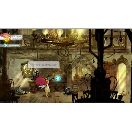 In the image, there is a character standing in a room with a chandelier and a clock on the wall. The character is holding a blue light, and there are other characters and objects in the scene. The text "Where could they all be?" is displayed, suggesting that the characters might be in a different location or situation. The image also shows a dining table and a chair, which adds to the overall setting of the scene. - E10+ (Everyone 10+)