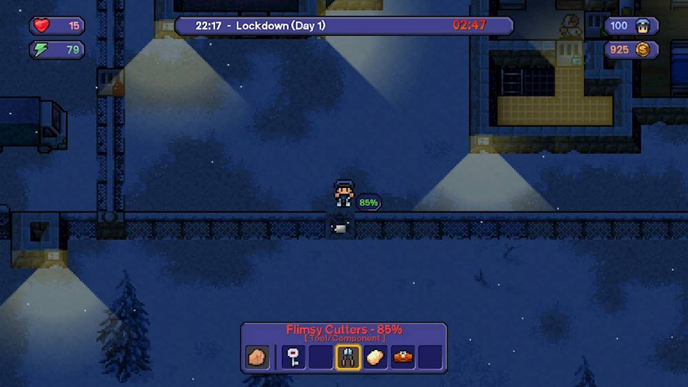 The largest text in the image reads "Lockdown (Day 1)". The following text is cleaned up to read: "15 22:17 - Lockdown (Day 1) 02:47 100 79 925 S 85% Flimsy Cutters - 85% [Tool/Component]".