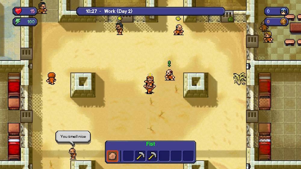 The image shows a video game with a character holding a sword, standing in a room with other characters. The game is set in a desert environment, and the main character is wearing a helmet. The game is at level 2, and the player has a fist weapon. The game is displayed on a computer screen, and the player is currently on day 2 of the game.