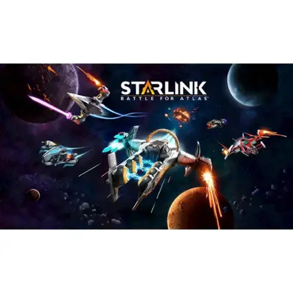 The image features a space battle with various spacecraft, including fighter jets and a large spacecraft. The largest text in the image reads "STARLINK BATTLE FOR ATLAS." The image showcases the intense action and excitement of the game. - E10+ (Everyone 10+)