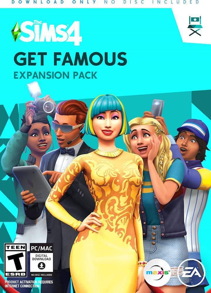 The Sims 4 Get Famous Expansion Pack is a digital download for PC and Mac. It does not include a physical disc, and product activation requires an internet connection. The expansion pack is rated ESRB and is suitable for teenagers.