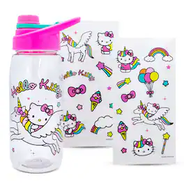 Silver Buffalo - Sanrio Hello Kitty Unicorn Twist Spout Water Bottle and Sticker Set | 20 Ounces - Purple