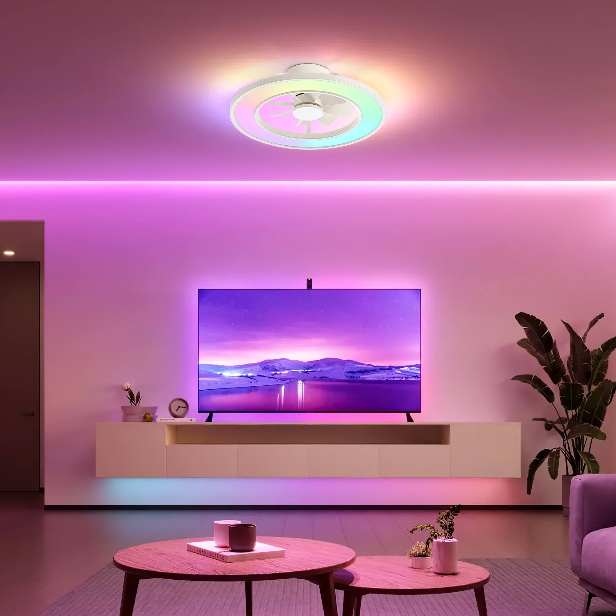 Alt View 7. Breezary - 20-Inch Caged Flush Mount Ceiling Fan with Acrylic Shade, Tunable LED, 6-Speed Remote, Timer, DC Motor - 20-Inch White Ceiling Fan.