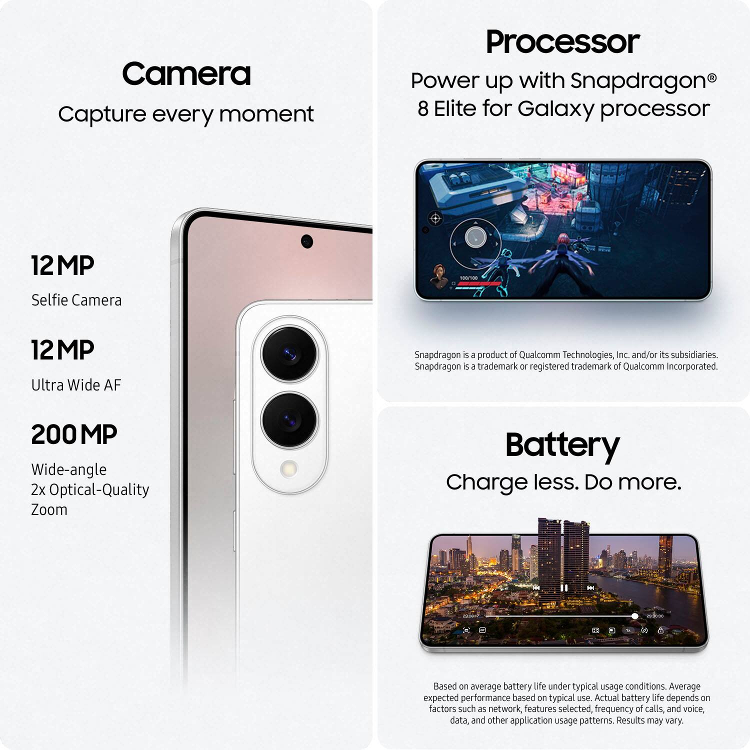 Camera: Capture every moment
Processor: Power up with Snapdragon 8 Elite for Galaxy processor
12MP - Selfie Camera: 12 MP Ultra Wide AF
Snapdragon is a product of Qualcomm Technologies, Inc. and/or its subsidiaries. Snapdragon is a trademark or registered trademark of Qualcomm Incorporated.
200MP - Wide-angle: 2x Optical-Quality Zoom
Battery: Charge less. Do more.
Based on average battery life under typical usage conditions. Average expected performance based on typical use. Actual battery life depends on factors such as network, features selected, frequency of calls, and voice, data, and other application usage patterns. Results may vary.