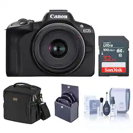 Bundle - Canon - EOS R50 Mirrorless Camera, Black with RF-S 18-45mm f/4.5-6.3 IS STM Lens, 32GB SD Card, Shoulder Bag, 49mm Filter