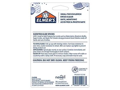 **ELMER'S**

**SCENTED GLUE STICKS**

**IDEAL FOR CHILDREN**
- DRIES CLEAR
- SAFE, NONTOXIC
- ACID FREE & PHOTO SAFE

**USES:**
Great for kids! Features fun scents such as Watermelon, Blueberry Muffin, Sugar Cookie, and Apple Pie! Creates strong permanent bond. Wipes easily off hands and out of clothes.

**TO OPEN:**
Pull up cap with twisting motion. Turn base clockwise to raise stick, counter clockwise to retract. After use, replace cap tightly to prevent drying product out.

**APPLICATION:**
Spread glue evenly on one surface. Combine immediately and press down. For stronger bond, apply to both surfaces.

**CLEAN-UP:**
Rub away excess glue to remove residue. Wipe excess off a table or counter top with a damp cloth. If necessary, soap and water may be used.

**CAUTION:**
DO NOT DRY CLEAN. KEEP FROM FREEZING.

**AP**  
PRODUCT NO: 1152710

**newell**  
PRODUCT OF NEWELL OFFICE BRANDS  
MADE IN CHINA  
©2020 NEWELL BRANDS  
6455