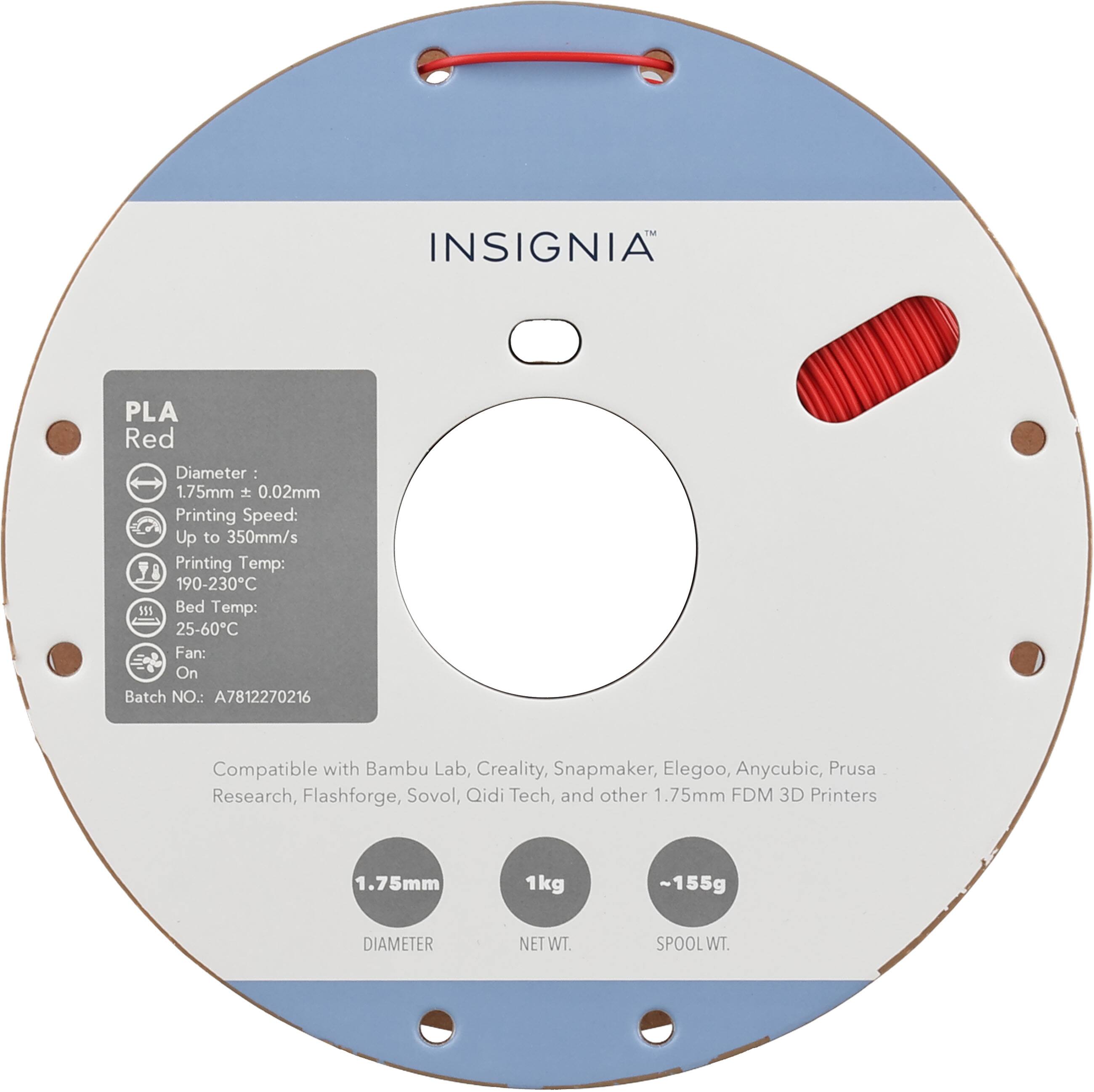 TM INSIGNIA PLA Red  
Diameter: 1.75mm ± 0.02mm  
Printing Speed: Up to 350mm/s  
Printing Temp: 190-230°C  
Bed Temp: 25-60°C  
Fan: On  
Batch NO.: A7812270216  

Compatible with Bambu Lab, Creality, Snapmaker, Elegoo, Anycubic, Prusa Research, Flashforge, Sovol, Qidi Tech, and other 1.75mm FDM 3D Printers  

1.75mm  
1kg NET WT.  
~155g SPOOL WT.