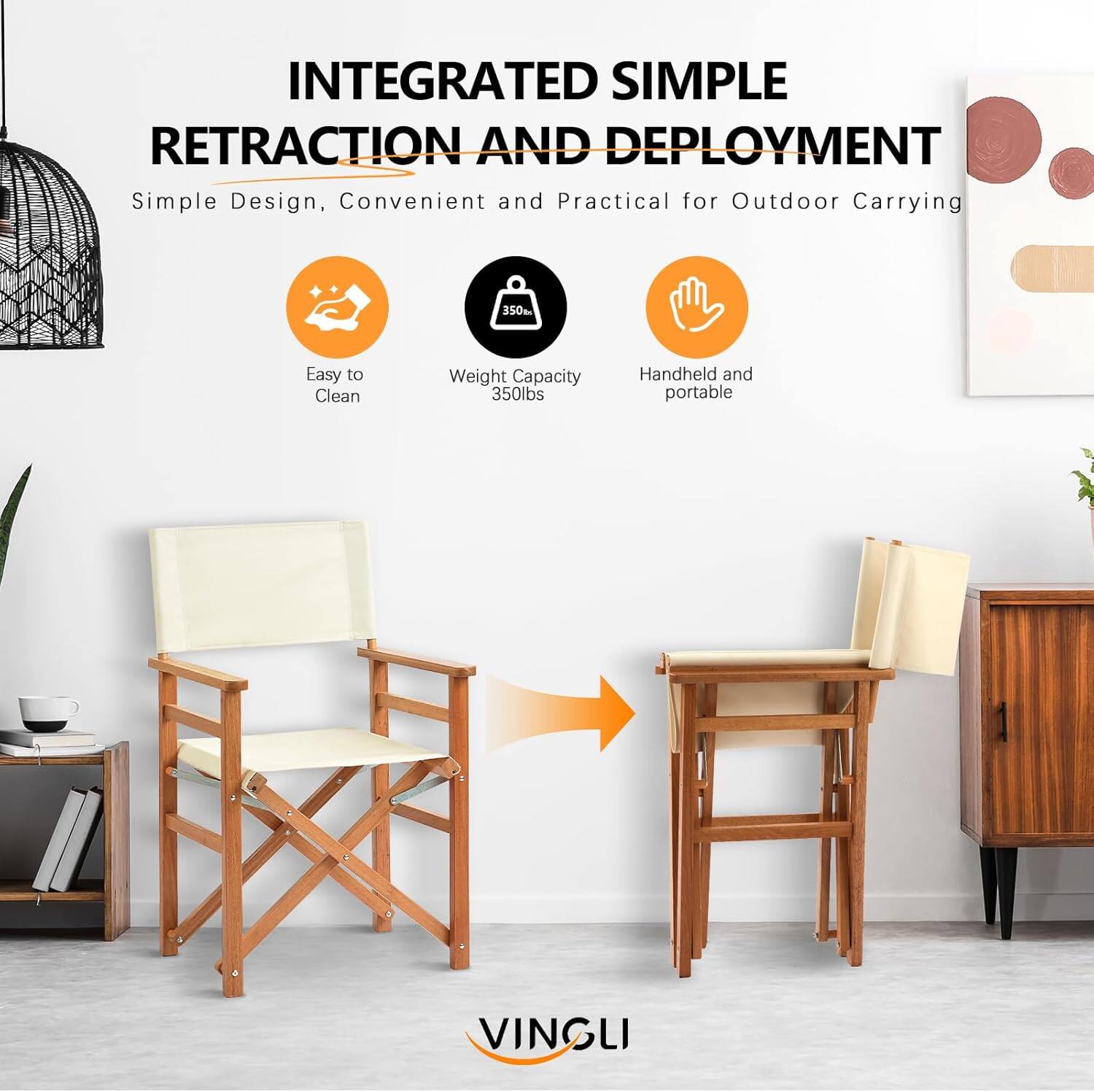 INTEGRATED SIMPLE RETRACTION AND DEPLOYMENT  
Simple Design, Convenient and Practical for Outdoor Carrying  

- Easy to Clean  
- Weight Capacity: 350lbs  
- Handheld and portable  

VINGLI