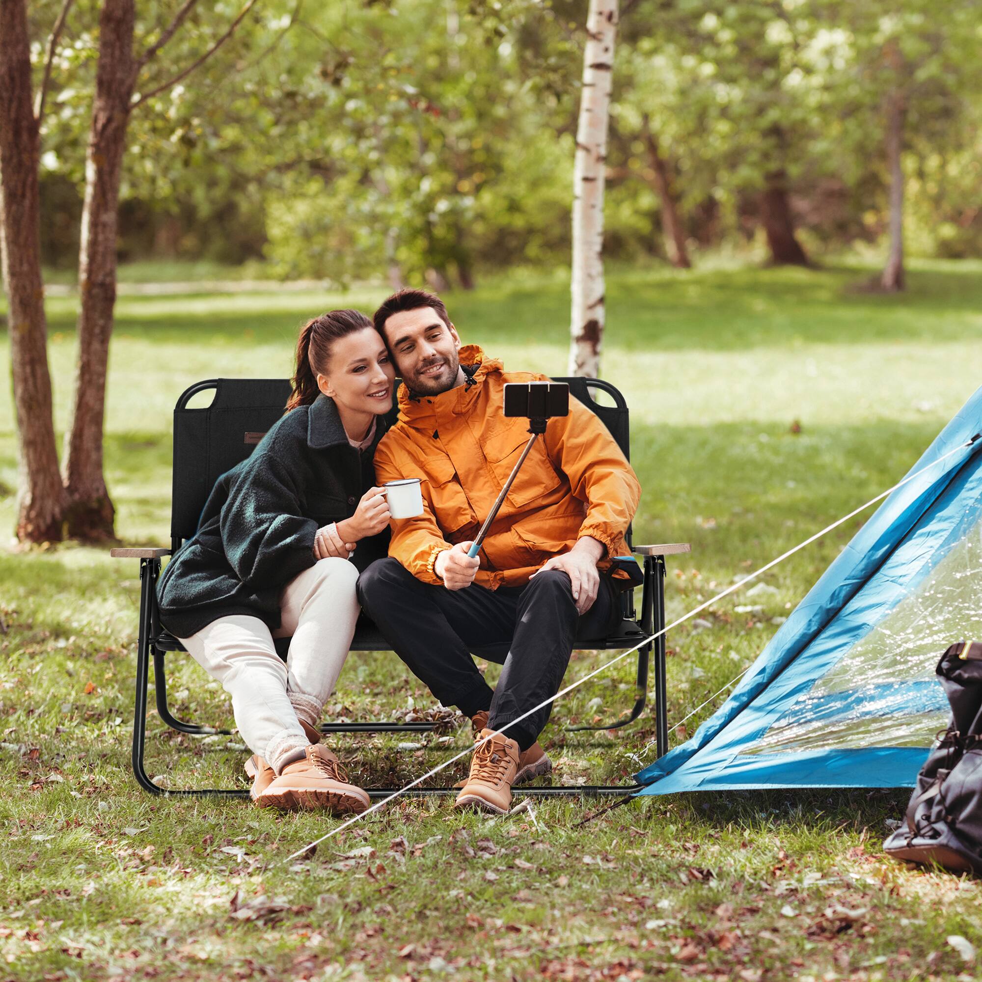 Alt View 1. Outsunny - Double Folding Camping Chair, Loveseat for 2 Adults, Portable Camping Couch with Wood Armrest & Cupholders - Black.