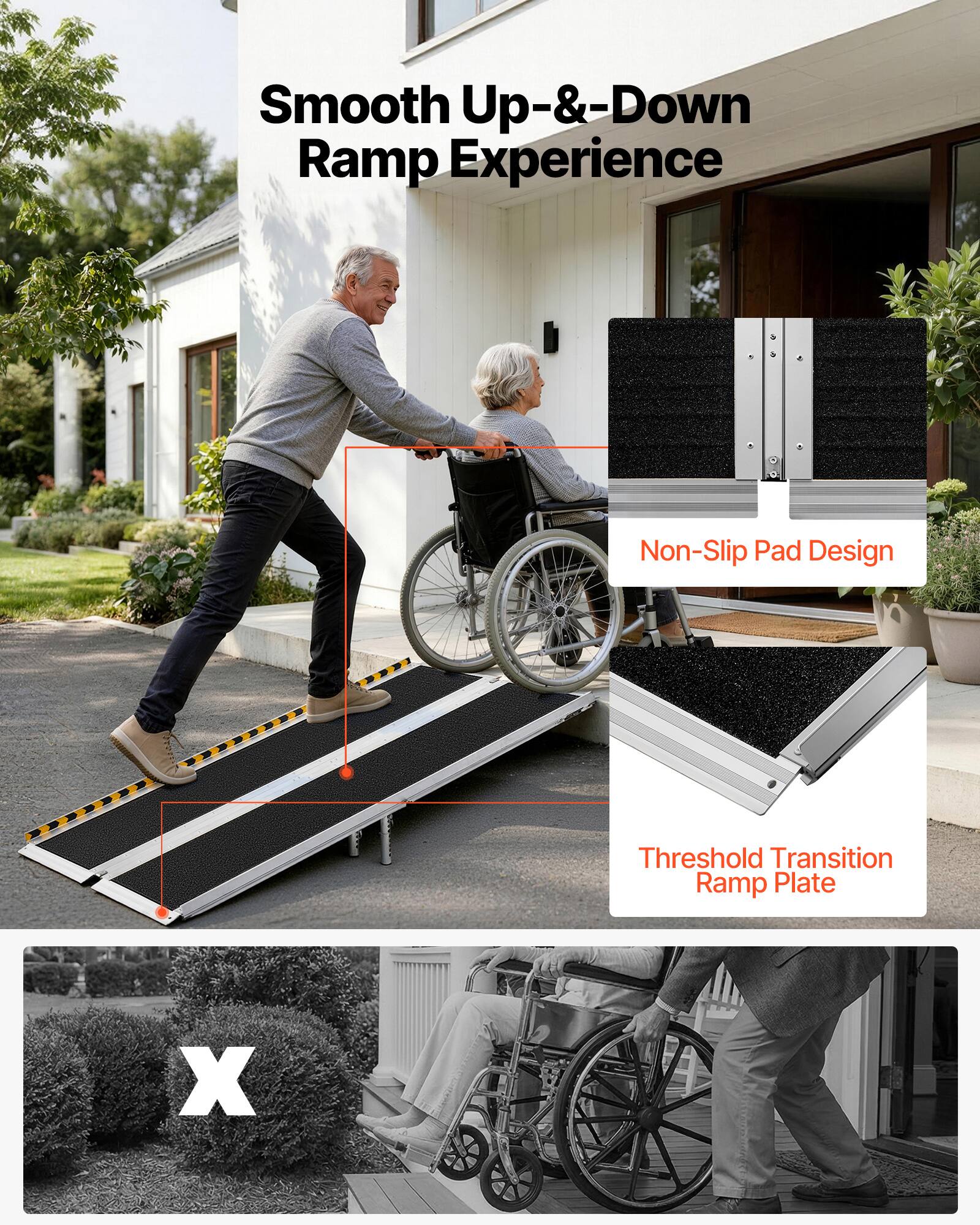 Smooth Up-&-Down Ramp Experience  
Non-Slip Pad Design  
Threshold Transition Ramp Plate