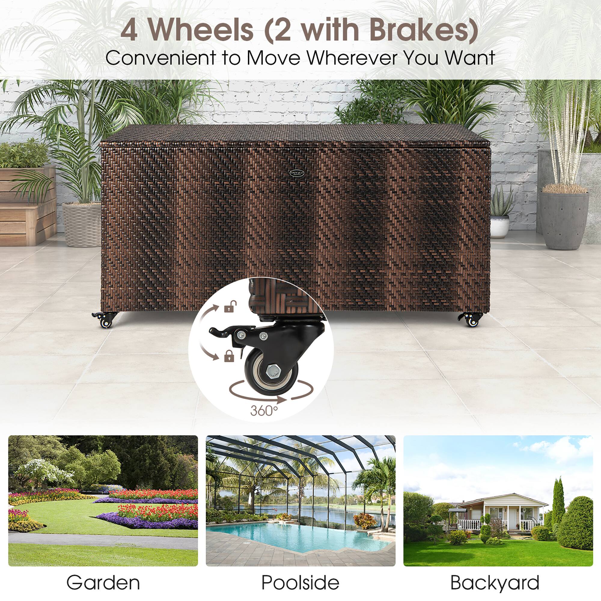 4 Wheels (2 with Brakes)  
Convenient to Move Wherever You Want  

360°  

Garden  
Poolside  
Backyard