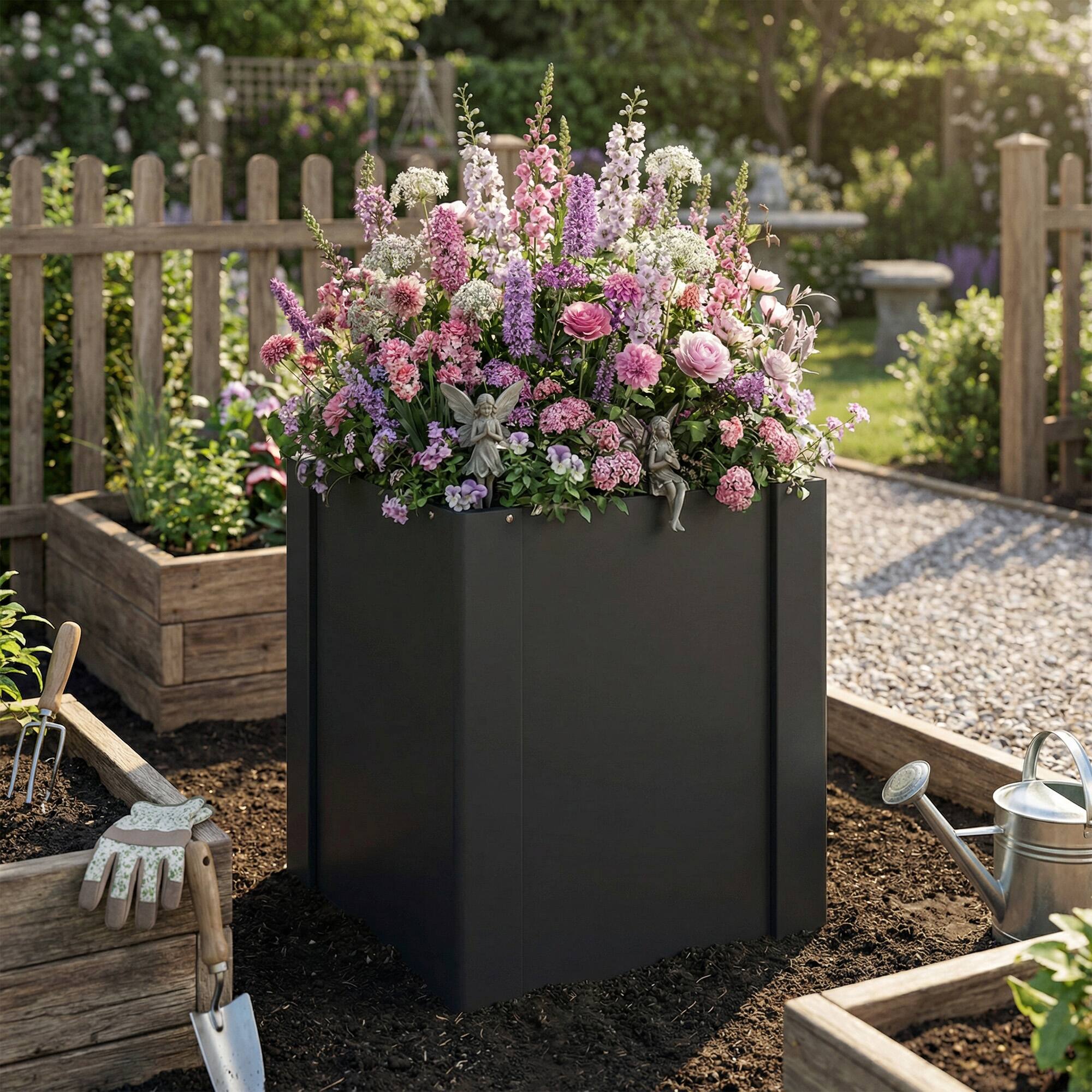 Alt View 1. Outsunny - Garden Bed Galvanized Planter Box Outdoor with Gloves for Gardening Vegetables, Flower, Herb - Black.