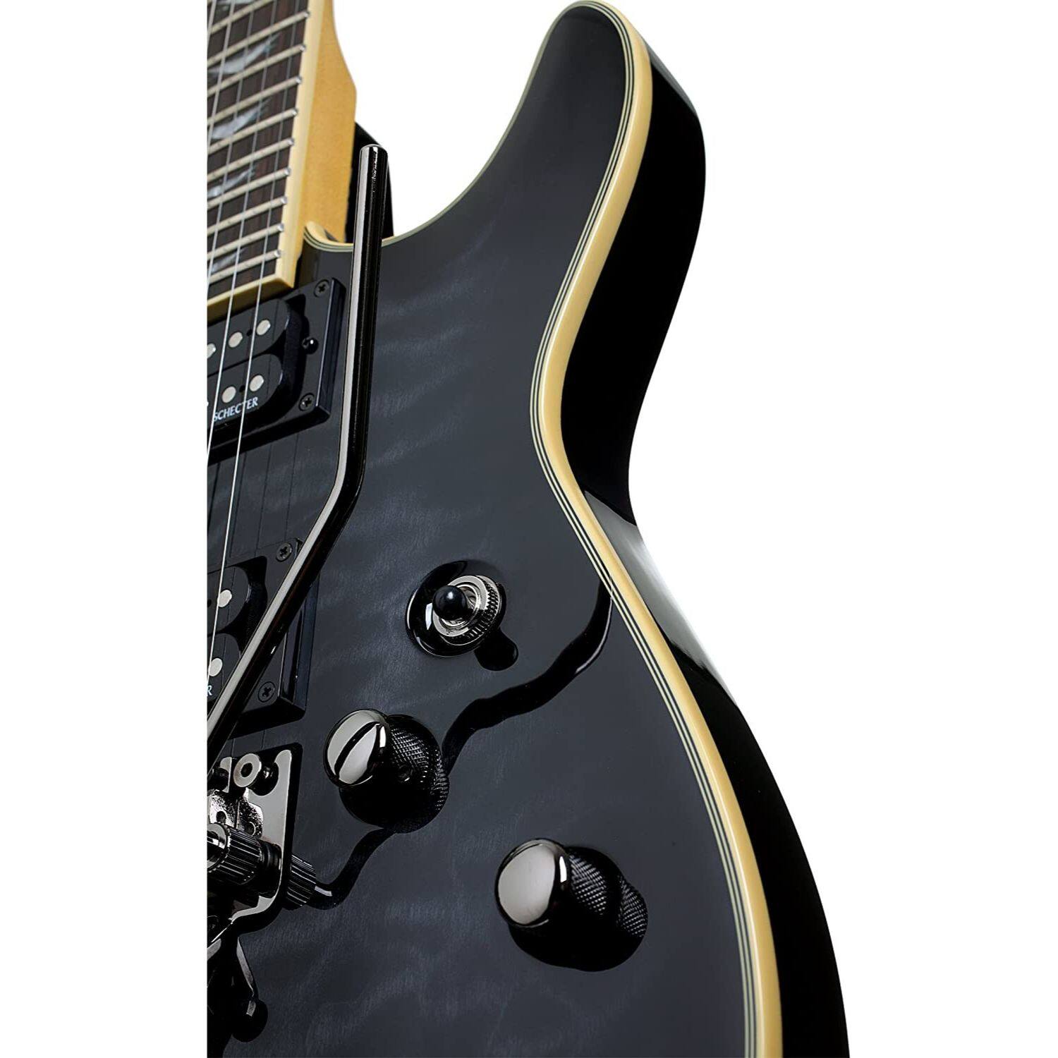 Left. Schecter - Schecter 2027 Guitar Research Omen Extreme-6 FR Electric Guitar, See-Thru Black.