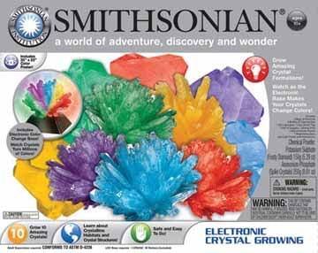 SMITHSONIAN  
a world of adventure, discovery and wonder  

ELECTRONIC CRYSTAL GROWING  

Grow 10 Amazing Crystals  
Learn about Crystal Structures  
Change Colors!  

WARNING:  
WARNING:  
Choking Hazard - Small parts. Not for children under 3 years.  

Includes:  
- Crystal Growing Kit  
- Safety Instructions  
- Educational Guide  

10  
Learn about Crystal Structures  
Change Colors!  

Safe and Fun  
For ages 8+