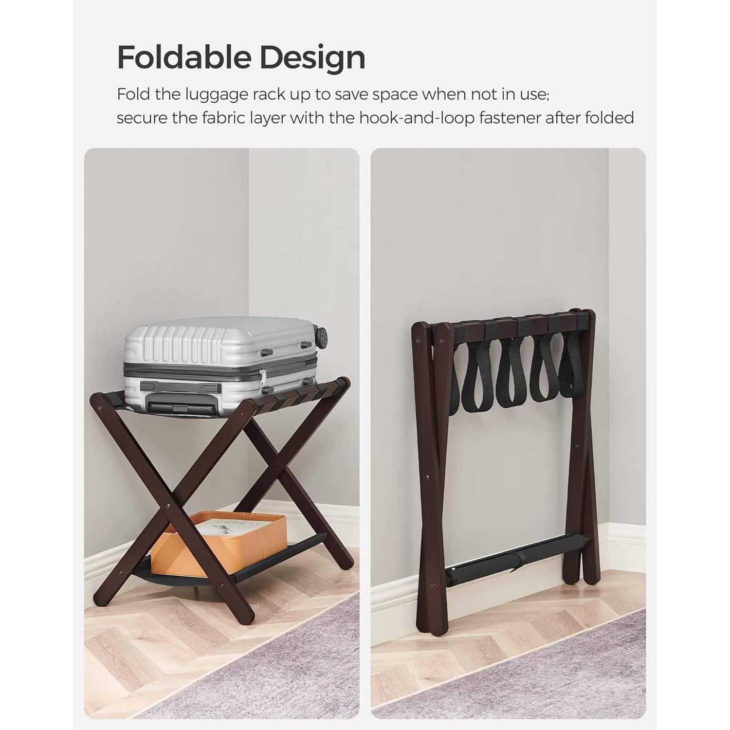 Foldable Design

Fold the luggage rack up to save space when not in use; secure the fabric layer with the hook-and-loop fastener after folded
