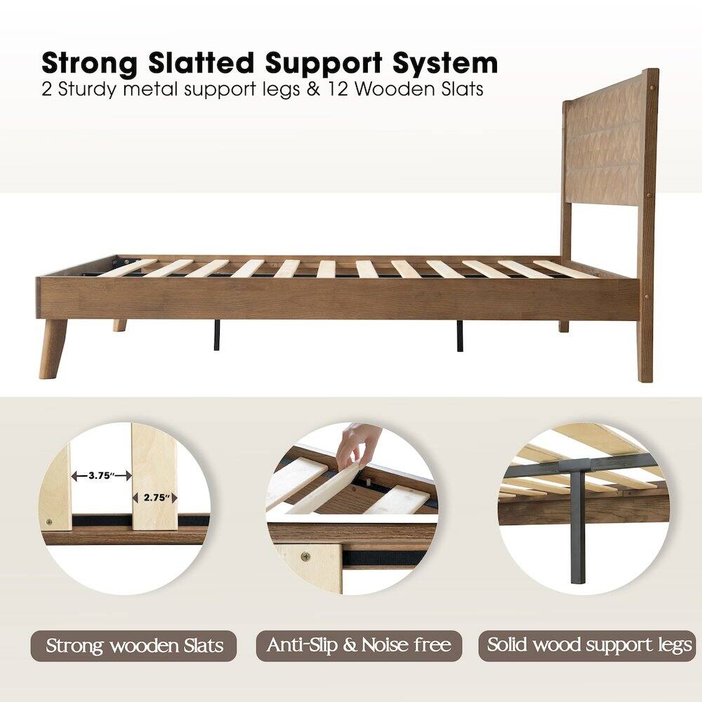 Strong Slatted Support System  
2 Sturdy metal support legs & 12 Wooden Slats  
3.75" x 2.75"  
Strong wooden Slats  
Anti-Slip & Noise free  
Solid wood support legs