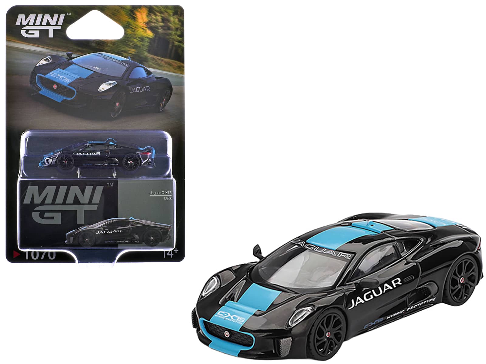 True Scale Miniatures - Jaguar C-X75 Black with Light Blue Stripe Limited Edition 1/64 Diecast Model Car by Mini GT