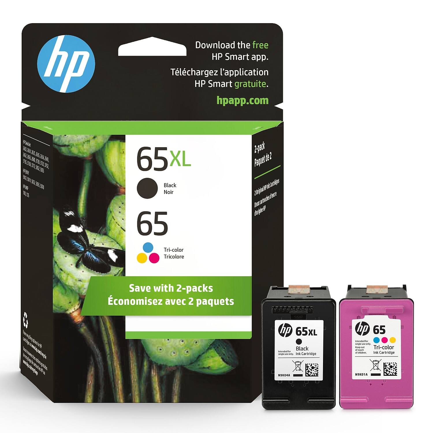 Download the free HP Smart app.  
Téléchargez l'application HP Smart gratuite.  
hpapp.com  

65XL  
Black Noir  

65  
Tri-color Tricolore  

Save with 2-packs  
Économisez avec 2 paquets  

hp 65XL Black Ink Cartridge  
hp 65 Tri-color Ink Cartridge  

2-pack  
Paquet de 2  

hp 65XL Black Ink Cartridge  
hp 65 Tri-color Ink Cartridge  

N5K04A  
N5K01A