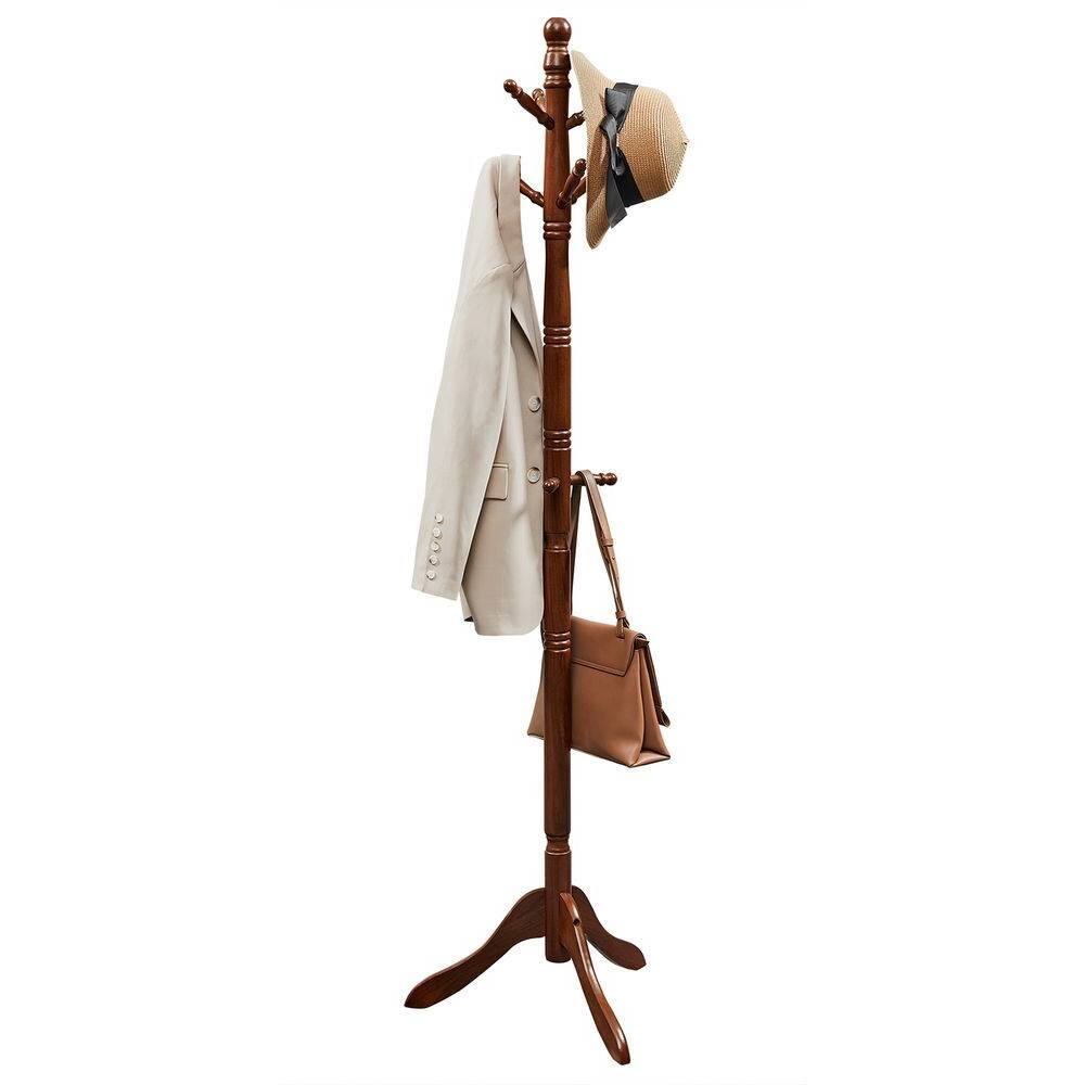 Angle. Hivvago - Hivvago Adjustable Height Solid Wood Coat Rack with 10 Hooks in Dark Brown Finish - Dark Walnut.